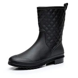 Womens Rain Boots Waterproof Rubber Boots for Women Mid Calf Lightweight Garden Anti-Slip Shoes Comfortable Black Blue US 5-11,BK39