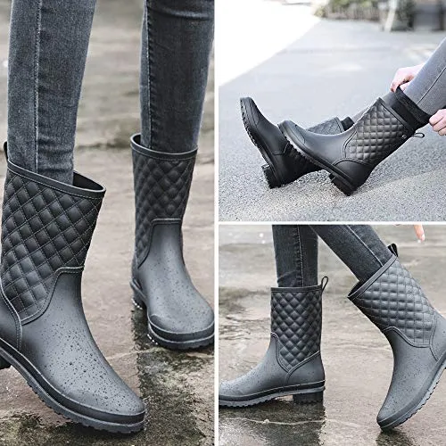 Womens Rain Boots Waterproof Rubber Boots for Women Mid Calf Lightweight Garden Anti-Slip Shoes Comfortable Black Blue US 5-11,BK39